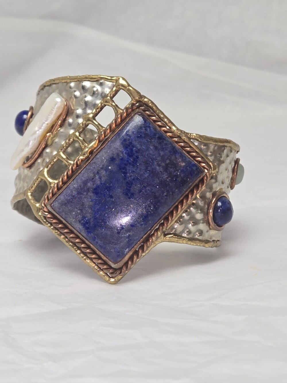 Lapis Accent Mixed-Metal Cuff Bracelet - Blue, Moonstone,pearl Accents ,Adj